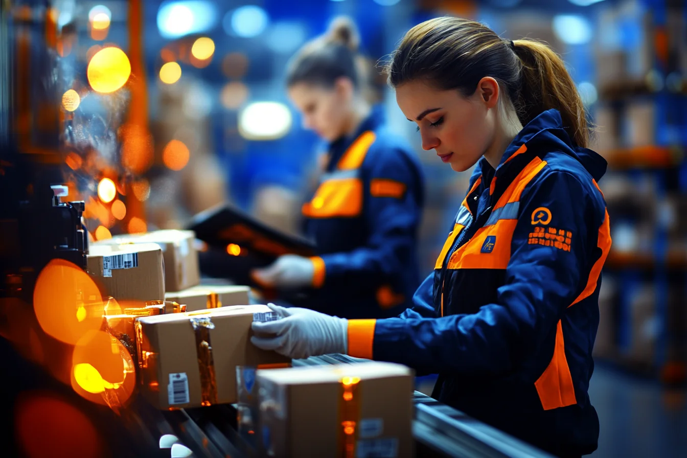 Dwie pracownice pakują zamówienia z kartonami na taśmie produkcyjnej w rękawiczkach ochronnych