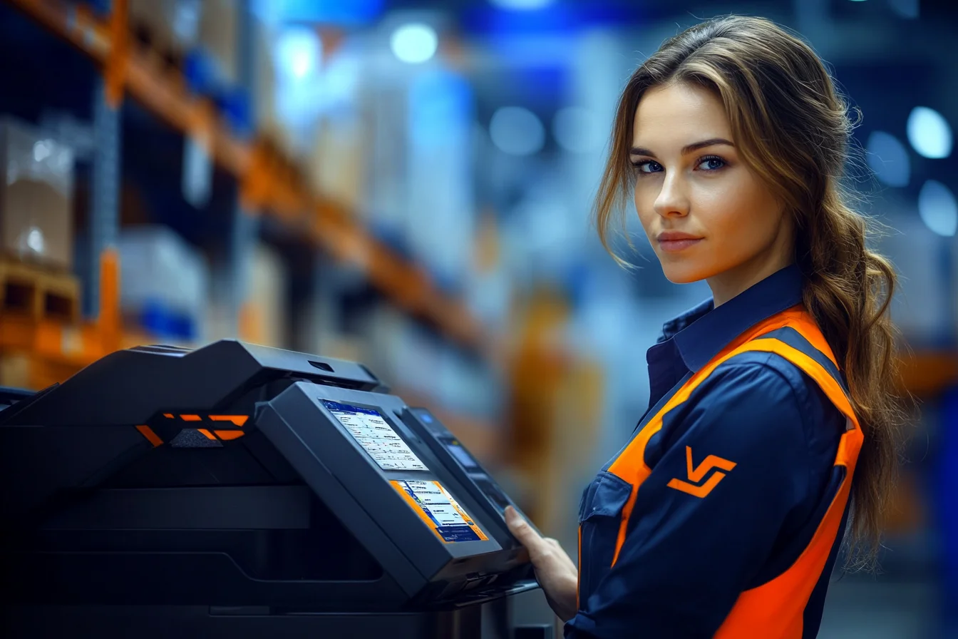 Pracownica magazynu obsługuje stacjonarny terminal z ekranem dotykowym i danymi