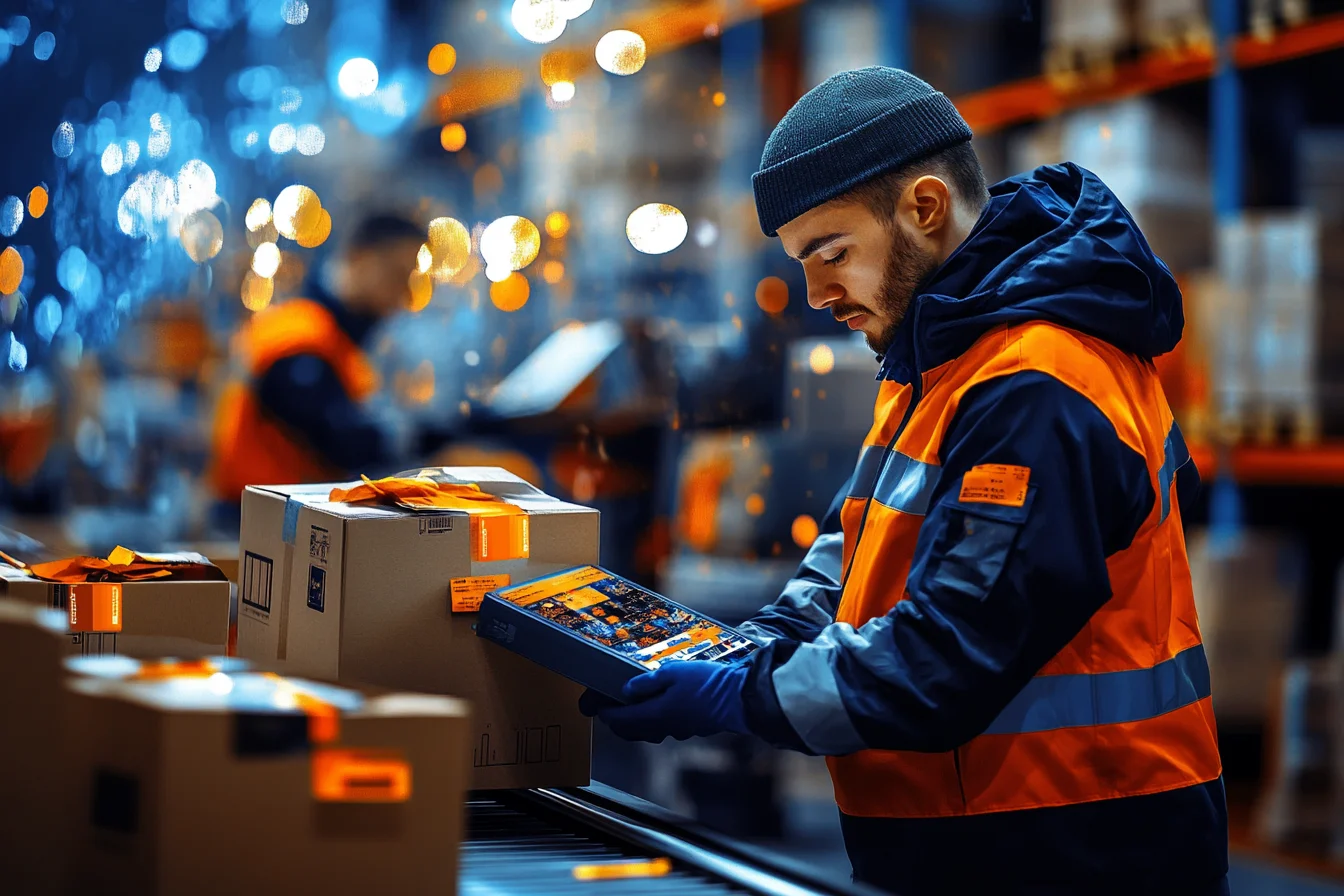 Pracownik w czapce pakuje zamówienie e-commerce, karton z pomarańczowymi etykietami wysyłkowymi