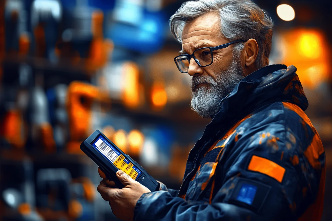 Starszy mężczyzna trzyma terminal z widocznym na ekranie kodem kreskowym numeru seryjnego
