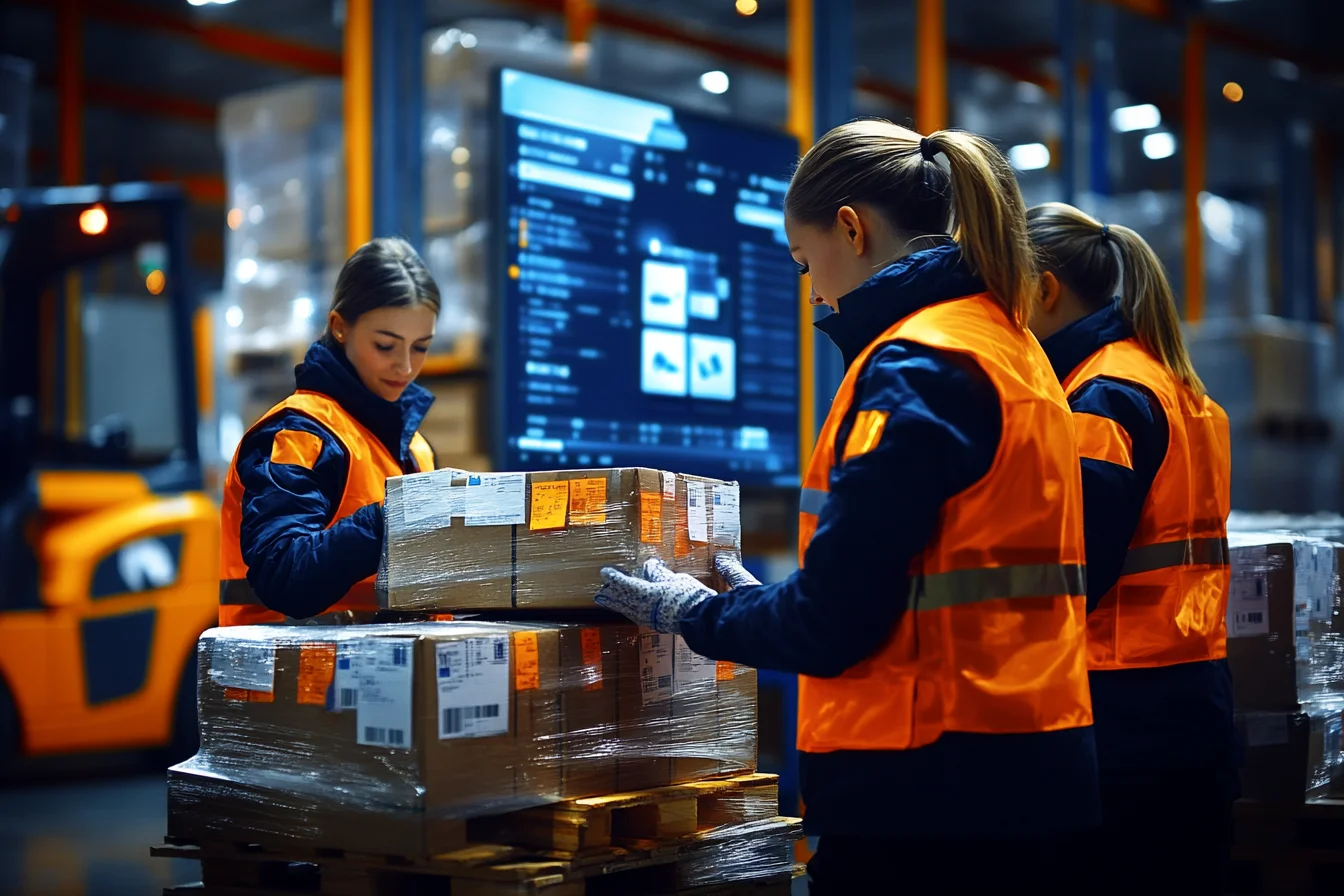 Trzy pracownice pakują karton na palecie przed ekranem z danymi systemu wspieranego przez AI