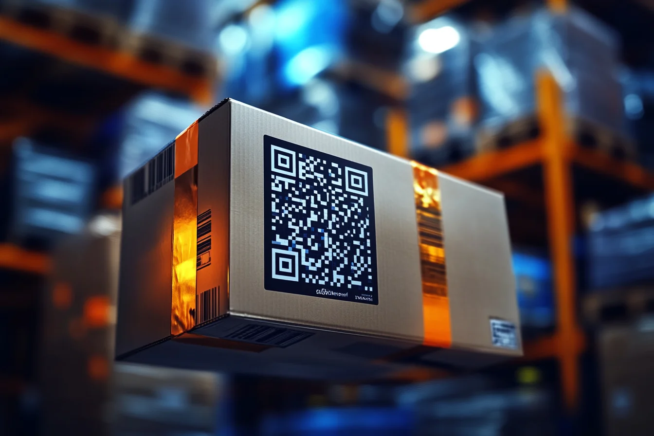 Unoszący się karton z dużym kodem QR i pomarańczowymi paskami taśmy na tle regałów