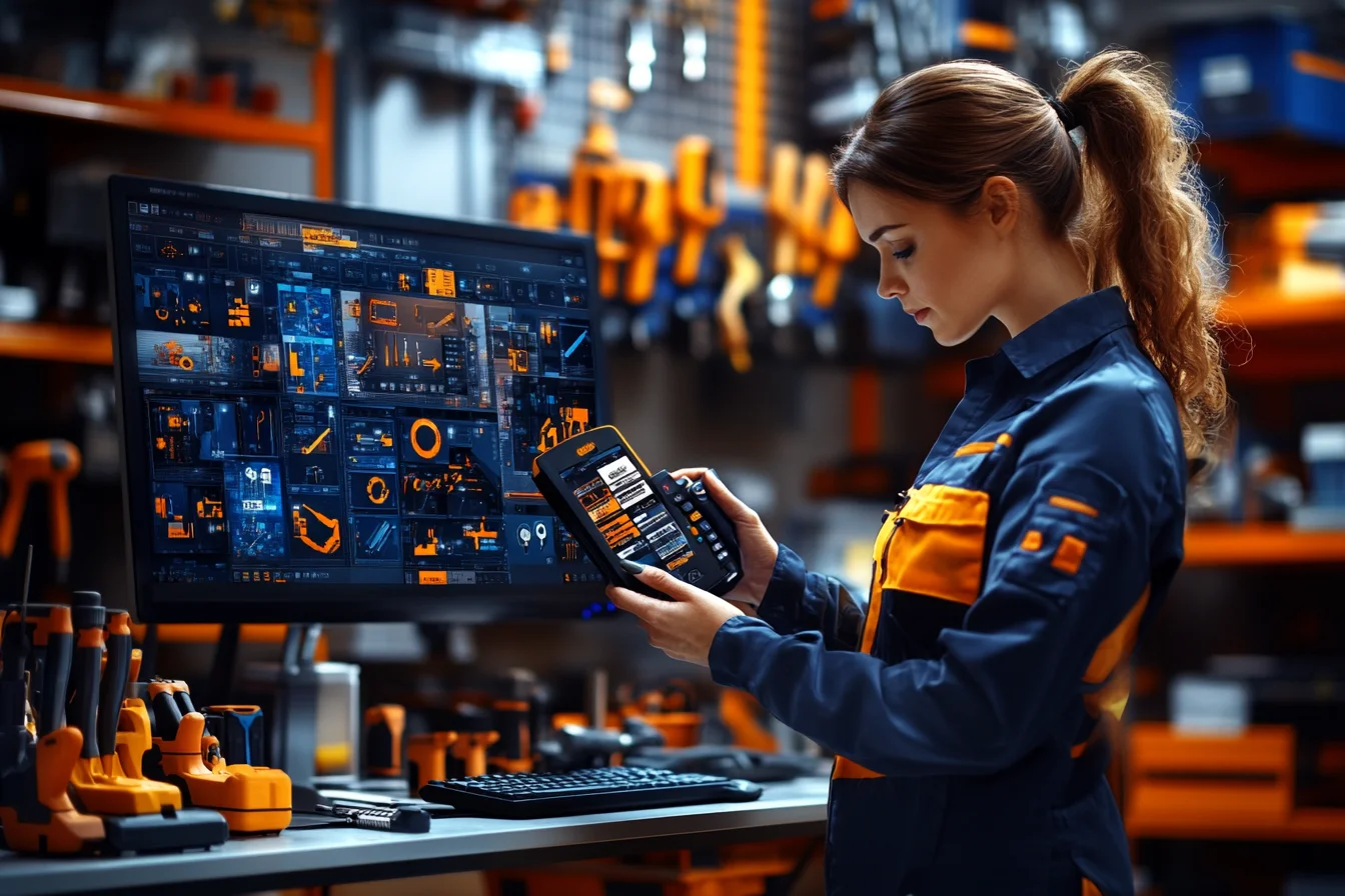 Starszy pracownik magazynu obok ekranu dashboardu z iskrami