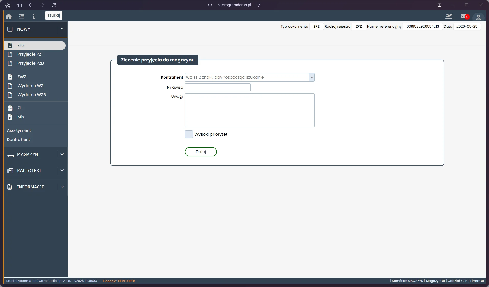 Studio WMS.net - pusty formularz nagłówka ZPZ zlecenie przyjęcia do magazynu z polem kontrahenta i checkbox wysoki priorytet