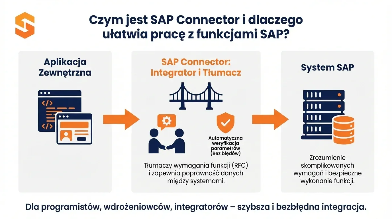 Infografika SoftwareStudio wyjaśniająca rolę SAP Connector jako integratora aplikacji zewnętrznych z systemem SAP.