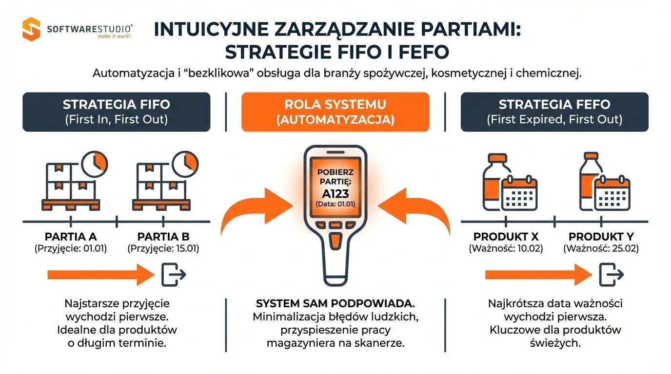 Infografika SoftwareStudio porównująca strategie magazynowe FIFO i FEFO w systemie WMS z wykorzystaniem skanera.