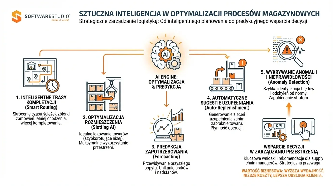 Infografika SoftwareStudio przedstawiająca zastosowanie sztucznej inteligencji AI w optymalizacji procesów magazynowych.